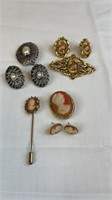 THREE VINTAGE BROOCHES WITH MATCHING EARRINGS