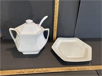 Soup Tureen with lid/ plate & ladle has chips