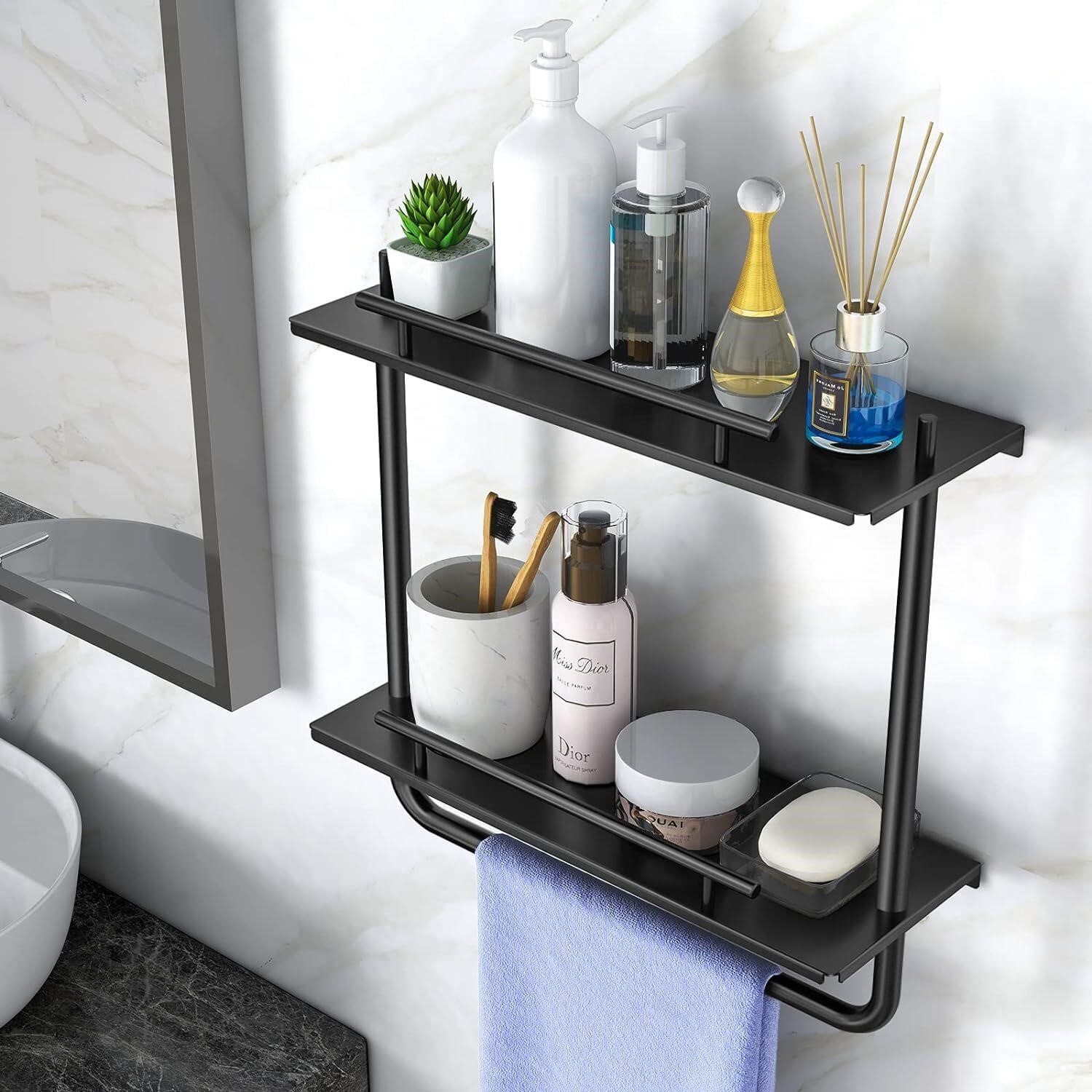 2 Tier Metal Floating Shelves Black  with Rack