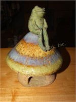 Pottery mushroom frog lawn ornament, 7"h