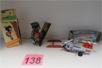 Wind-up Tin Toy Emergency Helicopter & Woodpecker