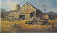 Dale A. Klee Litho of Weathered Barn with Cars.