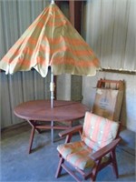 REDWOOD PATION FURNITURE AND UMBRELLA  (2) CHAIRS,
