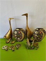 Pr Brass Vases Made In India, Brass Cranes 11” +
