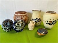 Tonala Style Owls, 2 Cream w Blue Flowers Vases