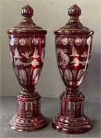 Bohemian Ruby Cut to Clear Lidded Vases 10”