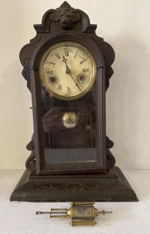 Vtg. Geared Wooden Mantel Clock (11"×5"×17")