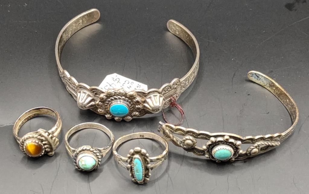 Silver on Copper Bracelet & Rings w/ Turquoise &