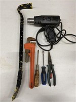 LOT ASSORTED TOOLS - CROWBAR, PIPE WRENCH,
