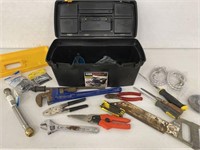 PLASTIC TOOLBOX WITH ASSORTED TOOLS, PIPE WRENCH