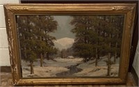 Framed Wintertime Forest Landscape Oil Painting