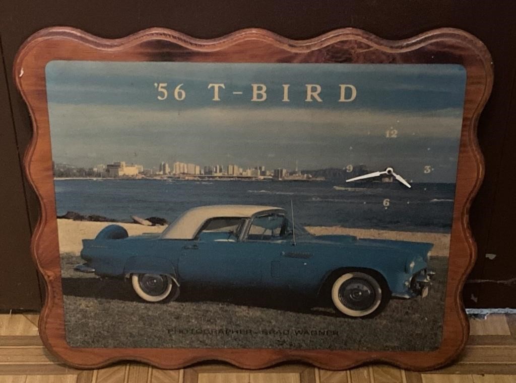 1956 T-Bird Painted Wood Art Clock, 22x19in