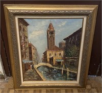 Framed Italian Gondola on Canal Oil Painting by