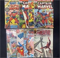 8x Vintage Comics Daredevil, Captain Marvel, More