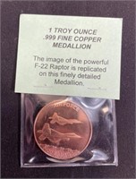 1 Troy Oz .999 Fine Copper F22 Raptor Medallion