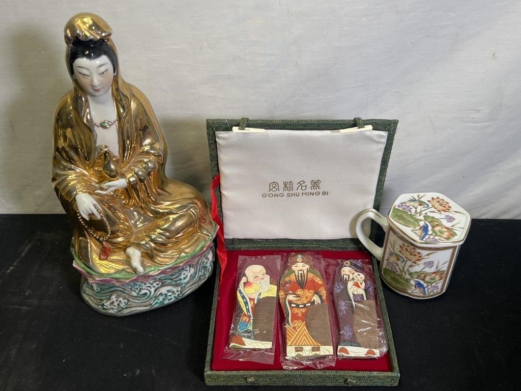 3x Asian Items; Buddha, Combs, Mug