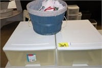 Rubbermade drawer & wooden basket w/rags