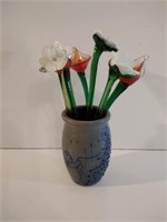 Hand Blown Glass Flowers in Ceramic Vase