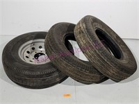 (3) 235/85R16 Trailer Tires (1) New Steel Wheel