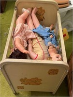 VINTAGE DOLLS W/ METAL DOLL BED