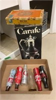 Coke Bottles, Cigar Box, Silver Plated Carafe