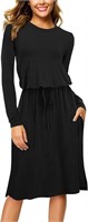 Modest Casual Midi Knee Dress Solid Black Small