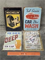 4 x Tin Signs Inc. Michelin, Car Wash, Wine &
