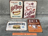 4 x Tin Signs Inc. Hotdogs, Coffee, Hamburgers &