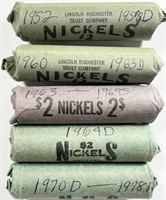 (5) Rolls 1950's/1960's Jefferson Nickels