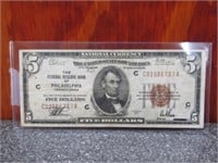 1929 Seres 5 Dollar National Currency Note
