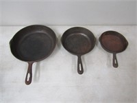 10, 8, 6 1/2in. Cast Iron Skillets