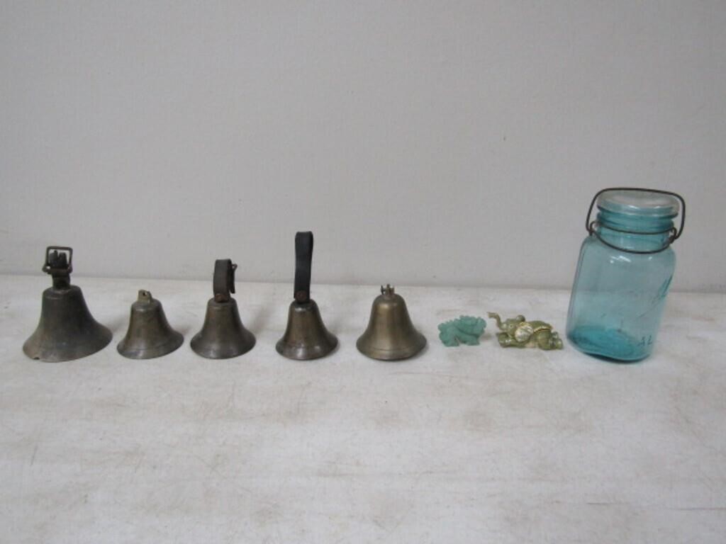 5-Bells, 2 Figurines, Ball Blue Jar w/Cover