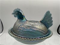 Carnival glass hen on nest covered dish