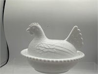 Milk glass hen on nest covered dish
