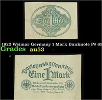 1922 Weimar Germany 1 Mark Banknote P# 61a Grades