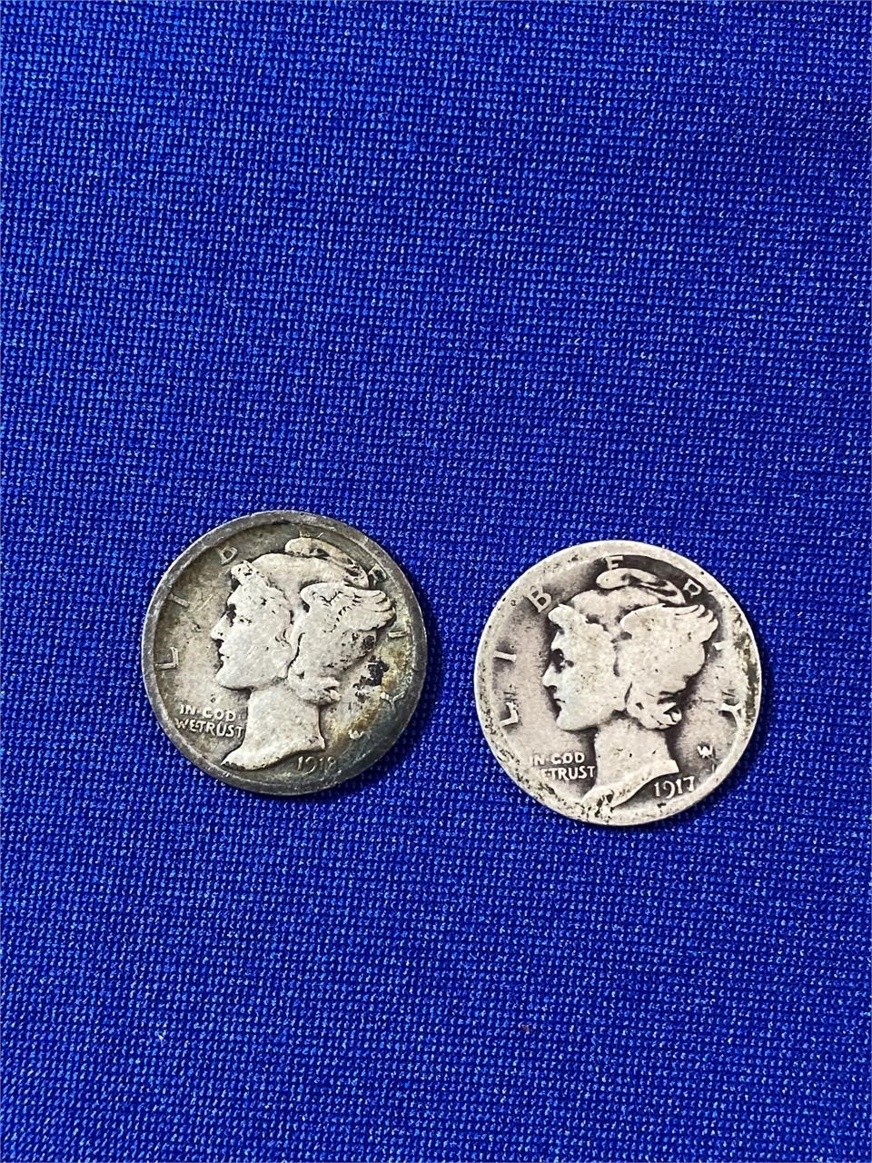 (1) 1917 & (1) 1918 Mercury Silver Dimes
