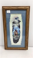 Feather print in blue cut mat under glass, 10x18,