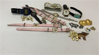 (6) vintage watches, (3) pink wrist lockets, cat