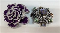 2 Joan Rivers pins, purple rhinestone flower and