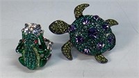 Rhinestone turtle pin and green rhinestones frog