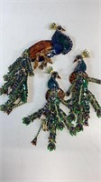Peacock earrings and articulated pin, rhinestones