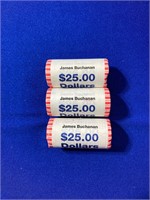Group of (3) $25 Rolled Coins - James Buchanon