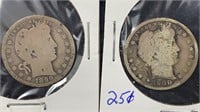 1899-O, 1900-S Silver Barber Quarters (2 coins)