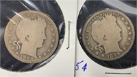 1898-O, 1899 Silver Barber Quarters (2 coins)