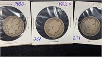 1902-P-O-S Silver Barber Quarters (3 coins)