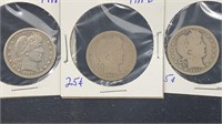 1911-PDS Silver Barber Quarters (3 coins)