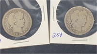 1912, 1912-S Silver Barber Quarters (2 coins)