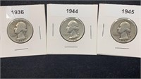 1936, 1944, 1945 Silver Washington Quarters (3