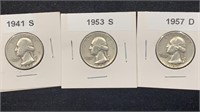 1941-S, 1953-S, 1957-D Silver Washington Quarters