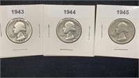1943-1945 Silver Washington Quarters (3 coins)